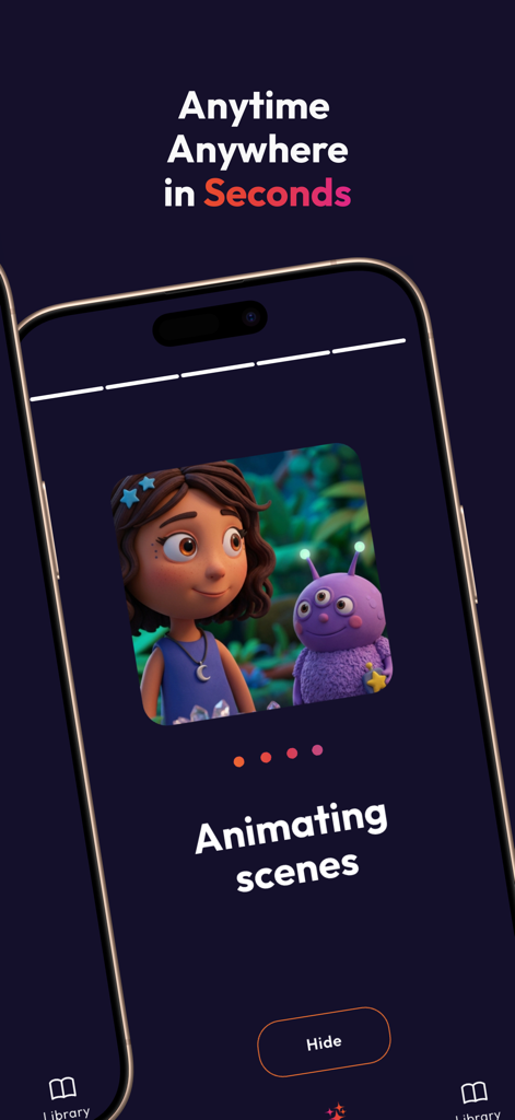 Tela de smartphone mostrando a interface do aplicativo Laila enquanto anima uma cena com uma menina e um alienígena roxo.