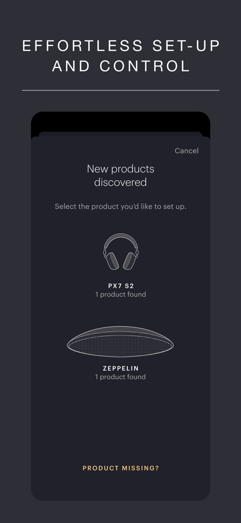 Music | Bowers & Wilkins - Bowers and Wilkins Music App Setup-Oberfläche erkennt PX7 S2 Kopfhörer und Zeppelin Lautsprecher