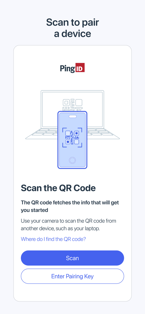 PingID app onboarding screen showing instructions to scan a QR code to pair a device