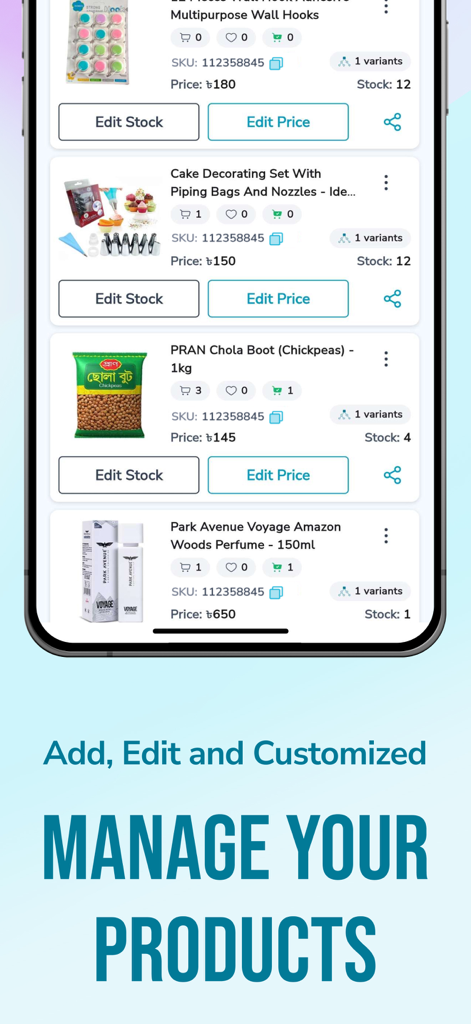 Cartup Seller Center - Cartup Seller Center app interface showing a list of products with options to edit stock and price.