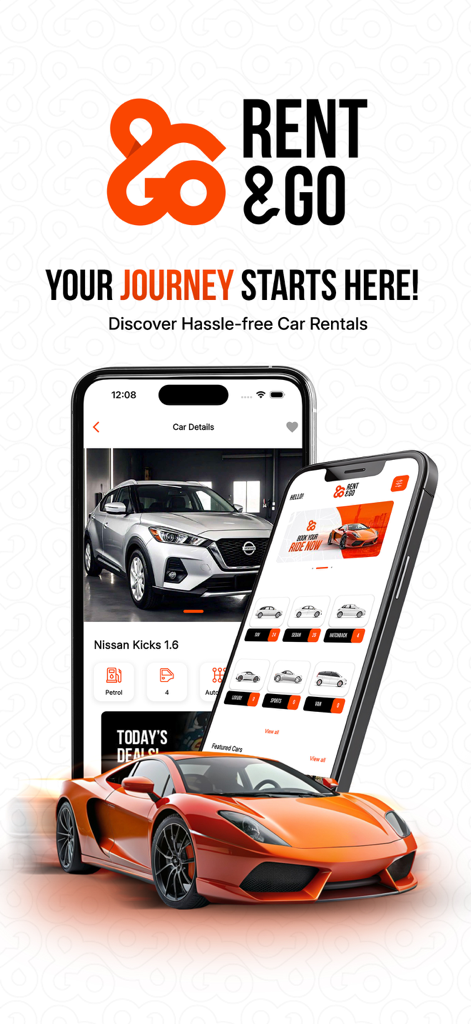 Rent and Go: Car Rentals - Rent and Go car rental app interface on iPhone featuring vehicle selection and sports car