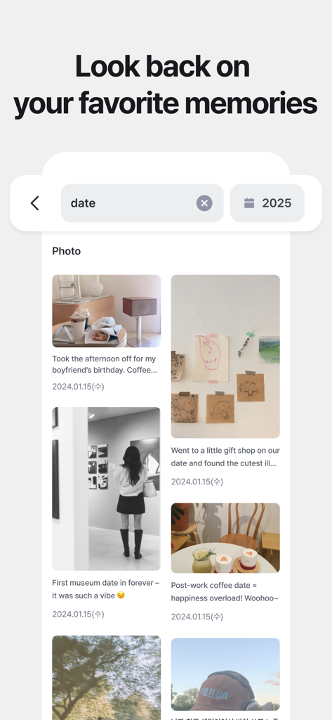 A chronological photo journal showing various date memories with captions and dates in a clean aesthetic layout.