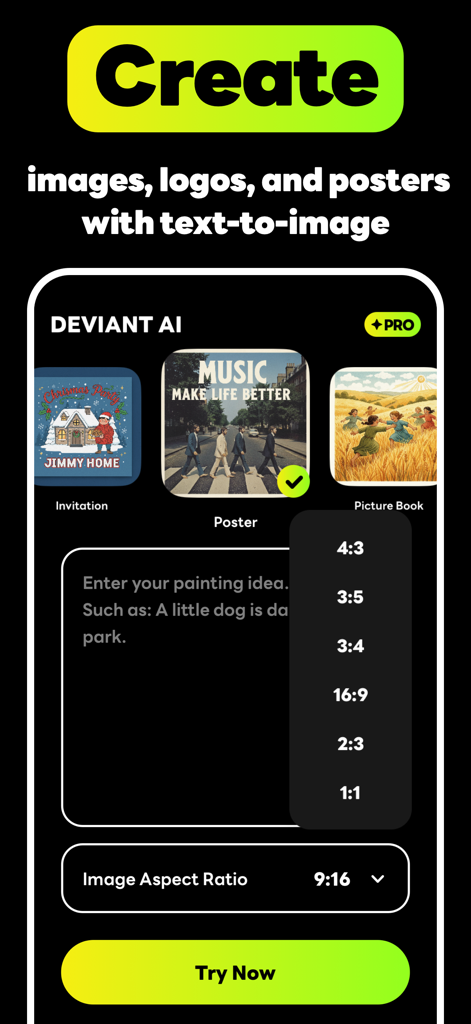 DeviantArt AI - Interface of the DeviantArt AI app showing options to create posters and images from text prompts with aspect ratio settings