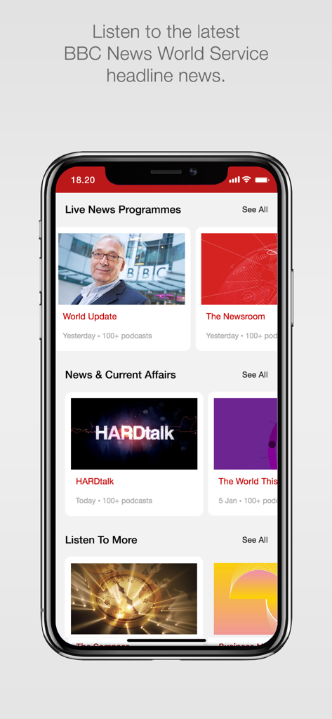BBC World Service mobile app interface displaying live news programmes and current affairs categories on an iPhone