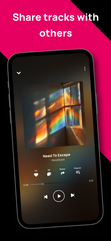 Mobile music player interface in Voloco app showing a track titled Need To Escape with share and social interaction options