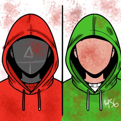 a person with a hoodie and no face, the drawing is split in 2