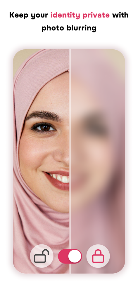 A split screen showing a clear and blurred photo of a woman in a hijab to demonstrate the photo blurring privacy feature on Muslimeet.