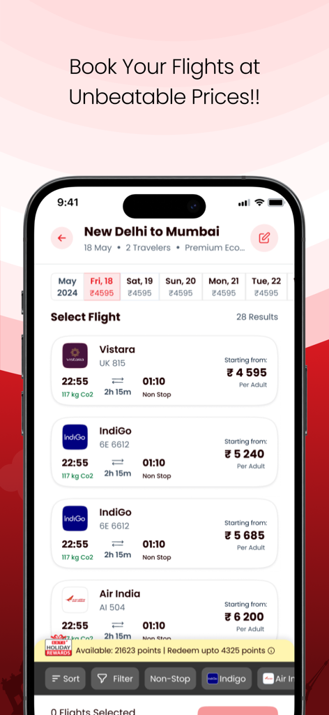 SOTC Holidays - SOTC Holidays mobile app interface showing flight search results for a trip from New Delhi to Mumbai.