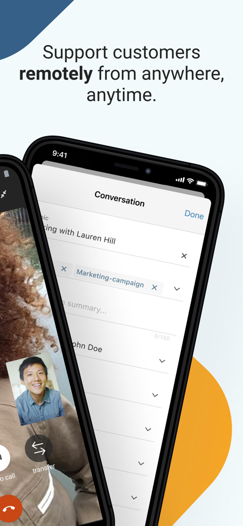 Telas de telefone celular exibindo o aplicativo Infobip Conversations para suporte ao cliente remoto e mensagens de vídeo