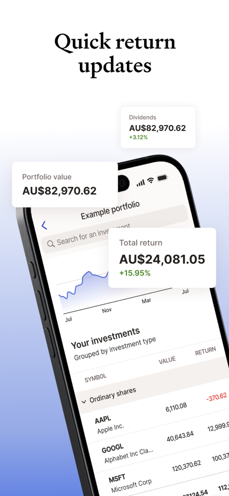 Écran d'iPhone affichant la valeur du portefeuille Sharesight, le rendement total et les mises à jour des dividendes