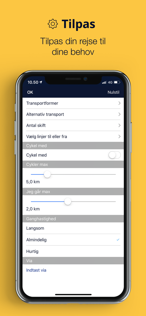 Rejseplanen - Paramètres de personnalisation dans l'application Rejseplanen pour les préférences de voyage, notamment la vitesse de marche et les modes de transport.