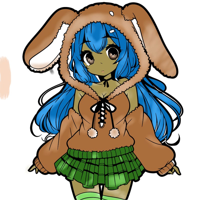 pretty anime girl wearing a fluffy hoodie with bunny ears on the hood and a skirt