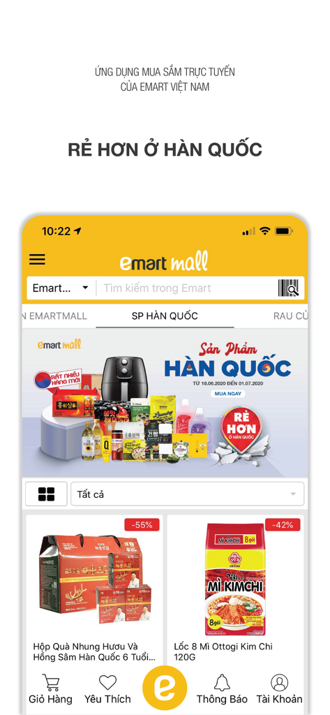 Emartmall VN - Interface de l'application Emartmall VN présentant des produits alimentaires et ménagers coréens.