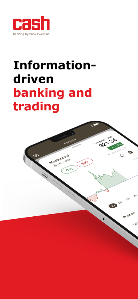 cash-bank zweiplus E-BANKING - Smartphone displaying the cash-bank zweiplus e-banking app interface with a stock price chart and trading options.