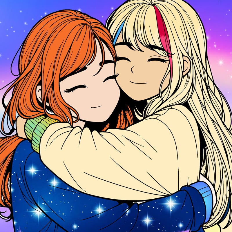 realistic two girls hugging