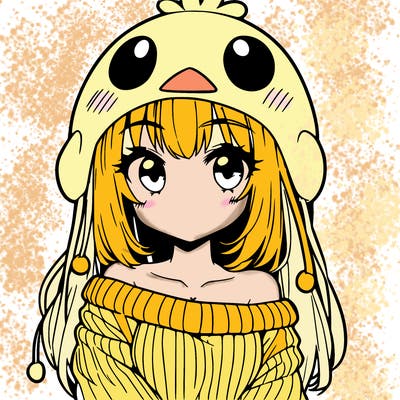 anime girl with chick shaped hat with sweater with bare shoulders with bangs covering them one eye with low tail