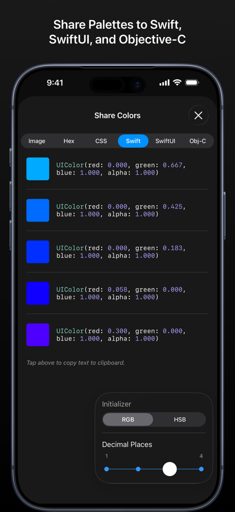 Colorlogix - Color Design Tool - Interfaz de la aplicación Colorlogix que muestra una paleta de color convertida en fragmentos de código UIColor de Swift para desarrolladores