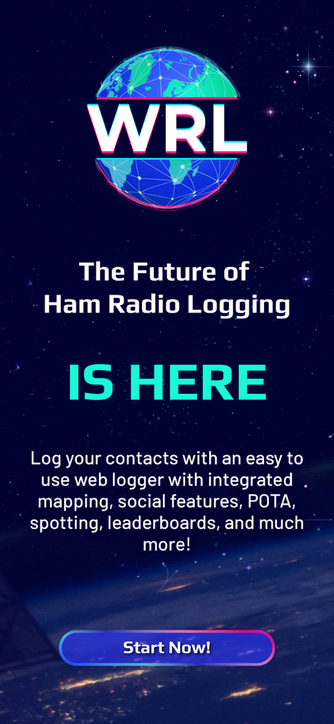 World Radio League - World Radio League app splash screen featuring a globe logo and the future of ham radio logging message