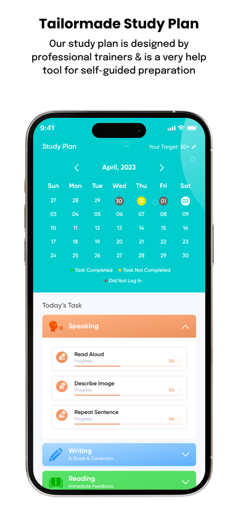 PTE Practice & Tests - AlfaPTE - AlfaPTE app interface displaying a tailormade study plan and daily preparation tasks.