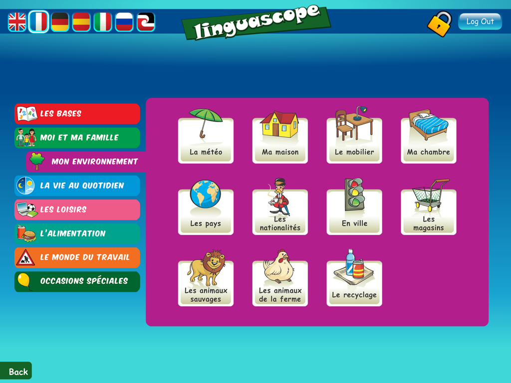Linguascope Beginners - Linguascope Beginners app interface showing French language learning topics for children