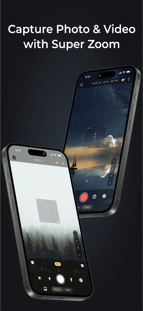 X Zoom app interface showing super zoom photography and video features on iPhone