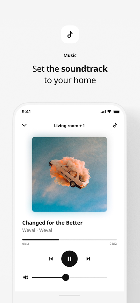 IKEA Home smart - 自宅の音楽やサウンドトラックをコントロールするためのIKEA Home smartアプリのインターフェイス
