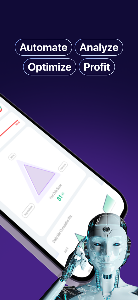 EA Forex Robot - EA Forex Robotアプリのインターフェース。パフォーマンス分析と、Automate Analyze Optimize and Profitという言葉が表示されたAIアシスタントが表示されています。