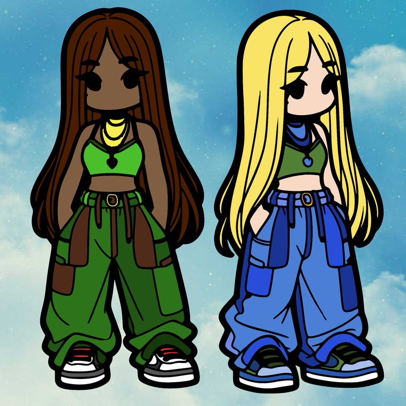 girl in baggy pants crop top and long hair