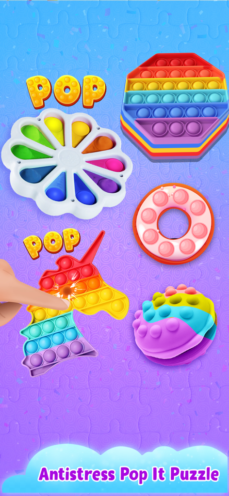 Fidget Toys 3D - Pop It Game - A hand popping bubbles on various colorful 3D fidget toys including a unicorn and a donut.