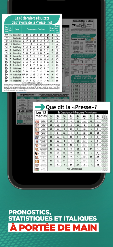 Geny Courses: pronostic quinté - Geny Courses 앱의 경마 통계 및 예측을 표시하는 스마트폰 화면