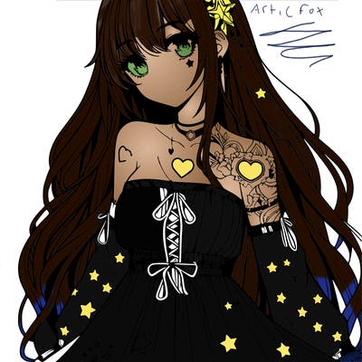 realistic anime girl with long hair star heart tattoos with a fabric dress