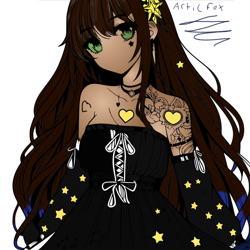 realistic anime girl with long hair star heart tattoos with a fabric dress