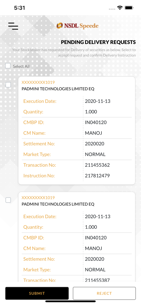Interface of the NSDL Speede app displaying pending delivery requests for securities with transaction details and action buttons