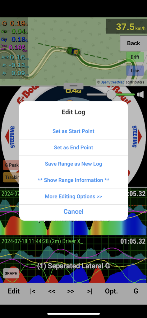 G-Bowl - G-Bowlアプリのインターフェース、テレメトリデータグラフとマップビューの上にドライビングログ編集オプションが表示されています。