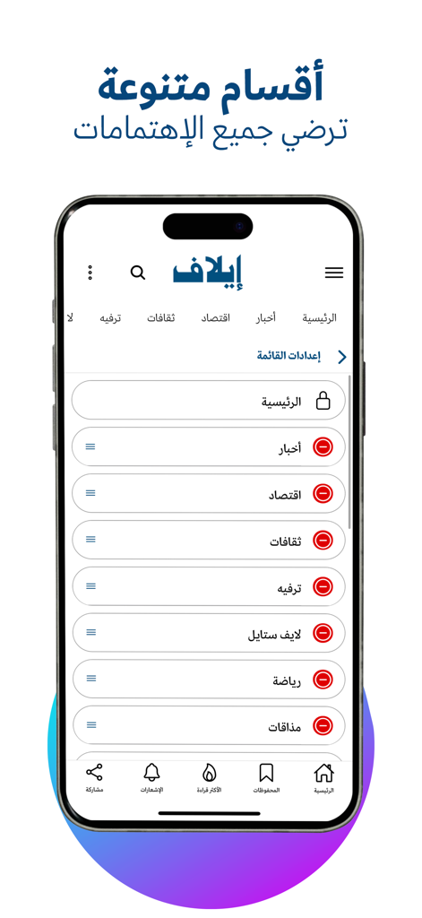 Interface de l'application d'actualités Elaph montrant un menu avec diverses sections d'actualités en arabe, notamment la politique, l'économie et les sports.
