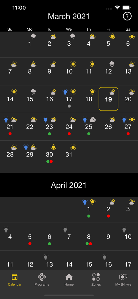 B-hyve Pro app calendar view showing irrigation schedules and weather forecasts