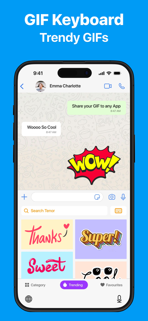 Mobile app interface showing a GIF keyboard with trending animated stickers and a search bar inside a chat window.