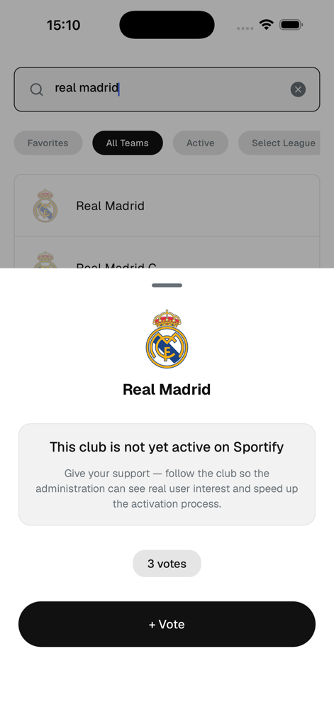 Sportify - Interface of the Sportify app showing a community vote feature to activate a new sports club on the platform