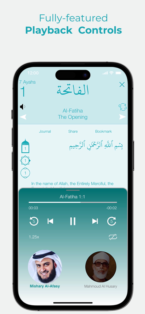 Qur'an And Me Journal - A smartphone interface displaying audio playback controls for the Quran app with options for different reciters.