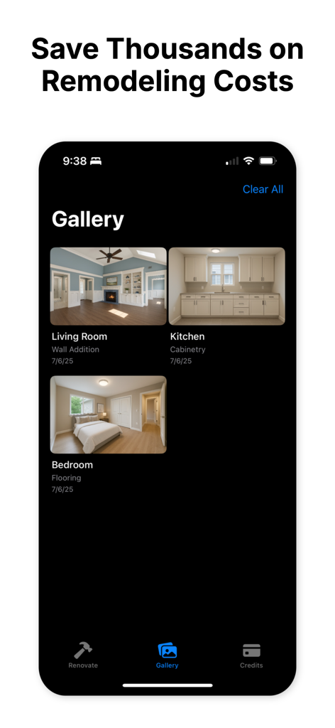 AI Remodel: Home Renovation - The Gallery screen of AI Remodel app displaying saved AI-powered room visualizations for a living room kitchen and bedroom