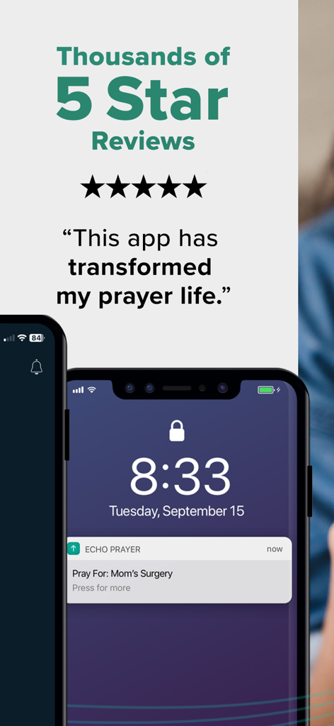 Echo Prayer - Echo Prayer app screenshot showcasing five star reviews and a lock screen notification reminder to pray for a specific request