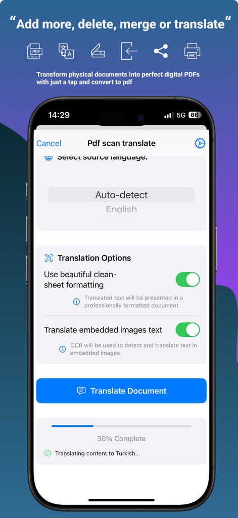 Pdf scan translateアプリのインターフェース。ドキュメント翻訳オプションとプログレスバーを表示しています。