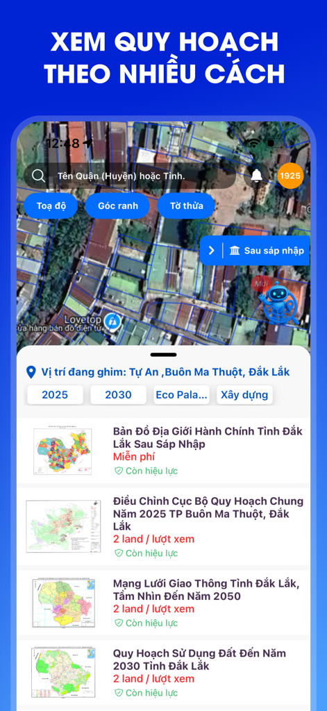 Interface of the Thongtin.land app showing land use planning maps and property boundaries in Vietnam.