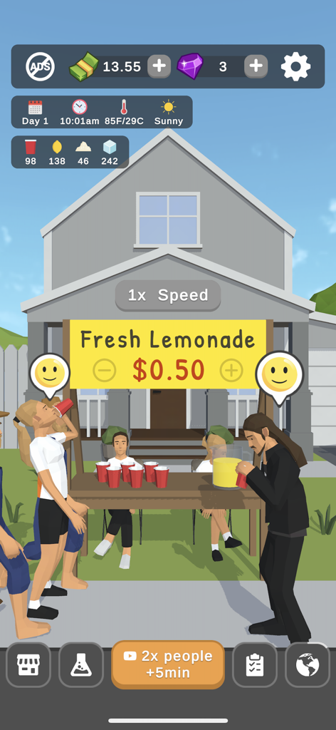 Cool Lemonade Stand - Gameplay screen of Cool Lemonade Stand showing customers buying drinks at a price of 50 cents