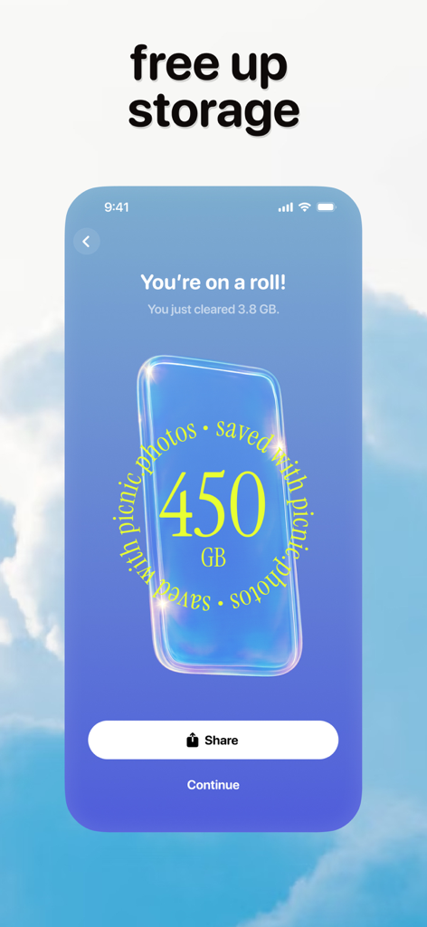 Picnic app screen showing storage cleared and total gigabytes saved.