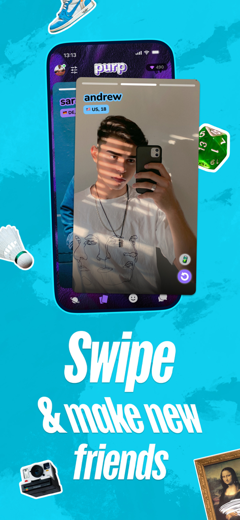 purp - Make new friends - Interfaccia dell'app purp che mostra una scheda profilo con il testo Scorri e fai nuove amicizie