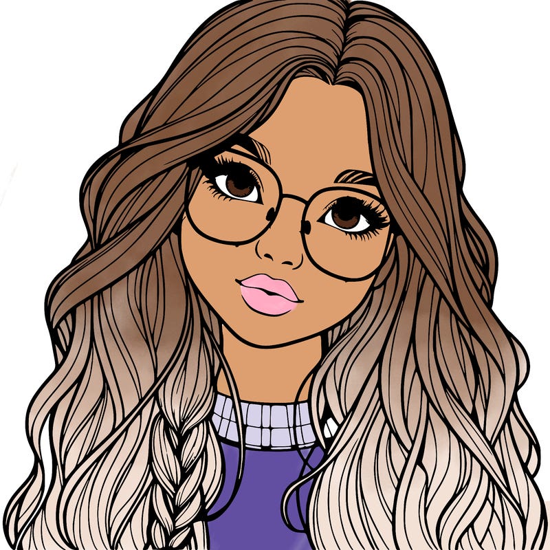 girl with long hair and freckles and glasses realistic