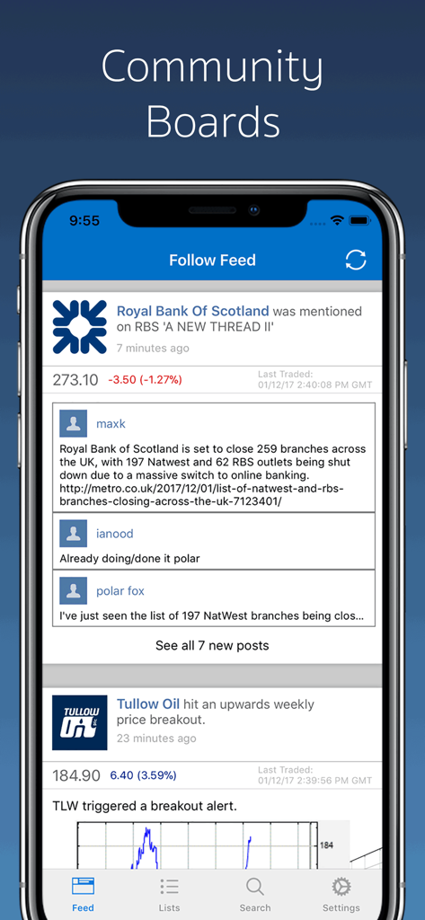 Smartphone displaying the Follow Feed app showing a community board with stock discussions and price breakout alerts