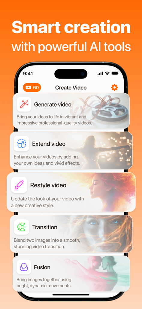 FlashLoop AI: Video Maker - Screenshot of FlashLoop AI app showing various video creation tools including generate extend and restyle video