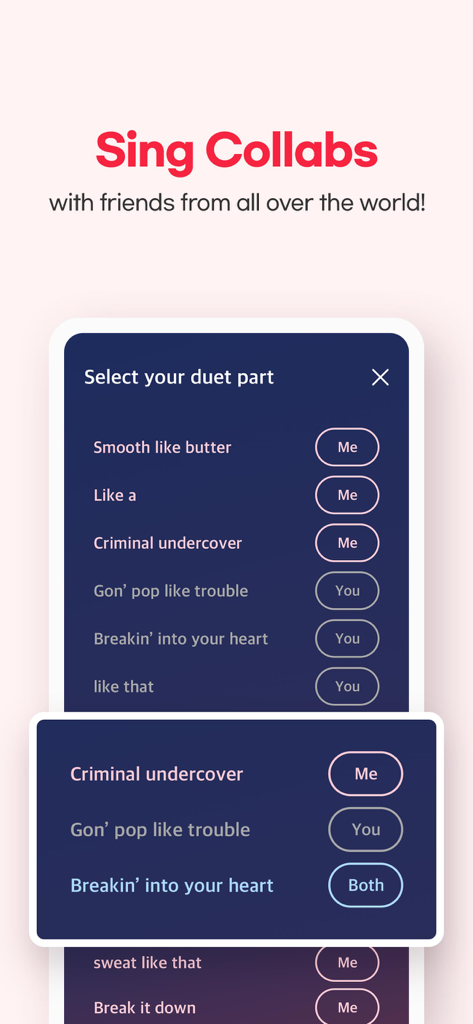 SOMESING with K-pop - User interface of SOMESING app showing options to select duet parts for a K-pop song collaboration.